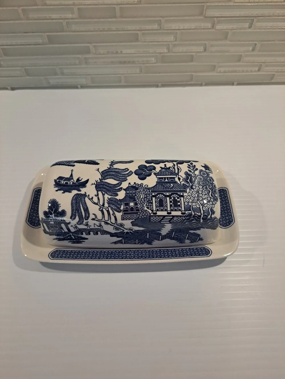 Churchill of England Blue Willow Covered Butter Dish - Staffordshire England